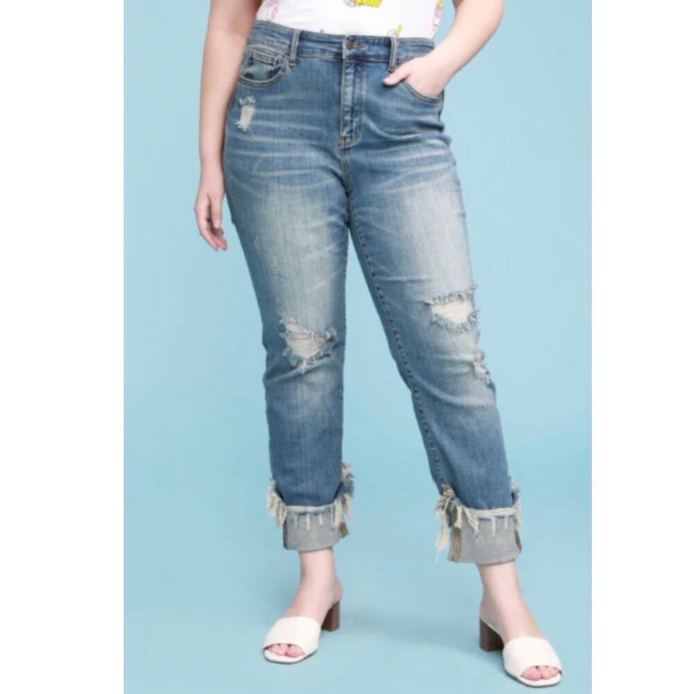Judy Blue Distressed Straight Leg Cuffed Blue Jeans Size 20W Medium Wash